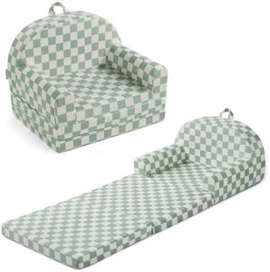 Blissful Diary Kids Couch, 2-in-1 Comfy Kids Chair for Reading, Playroom, Kids Couch Sofa for Girls Boys Birthday Gift, Sage Checkered
