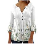 Sale Clearance Items Women Vintage Floral Blouses 3/4 Flare Sleeve T Shirt Loose Slim Pleated Front V Neck Button Tops Boho Style Tunic Womens Floral Tops(White,X-Large)