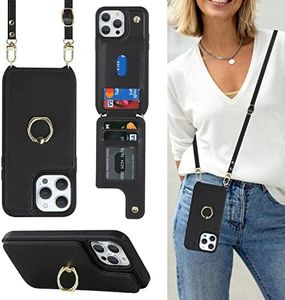 Lipvina for iPhone 14 Pro Max Case with Card Holder for Women,iPhone 14 Pro Max Phone Case with Strap,Crossbody Lanyard,Ring Stand,Snap Clasp,Phone Wallet Cases 6.7 inch (Black)