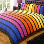 Rapport SoHo Multi Stripe Duvet Cover Quilt Bedding Set, Blue Purple Orange Yellow Green, Double Size - Bedroom Bed Linen