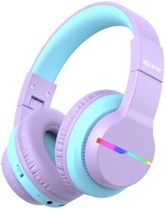 iClever BTH12 Kids Headphones, Colorful LED Lights Kids Wireless Headphones with 74/85dBA Volume Limited Over Ear, 85H Playtime, Bluetooth 5.2, Built-in Mic for School/Tablet/PC/Airplane, Purple
