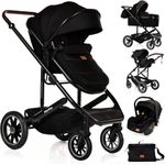 Baby 3 in 1 Travel System Pram with Car Seat Stroller 3 in 1 Buggy Pushchair Child Lightweight Folding Stroller Pram for Newborns Toddlers from Birth (Black Black Frame)