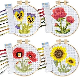 Cross Stitch Kits for Beginners (Flower Theme - 6.75 Inch - 4 Pack 1 x Embroidery Hoop) DIY Embroidery Needlepoint Patterns for Adults, Includes Poppy, Rose, Sunflower and Pansy. Complete Set Included