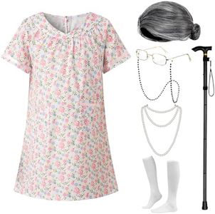 Okbebe 7 Pcs 100 Days of School Girl Old Lady for Kids Granny Cosplay Accessories Set, Pink