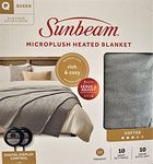 Sunbeam Queen MicroPlush Heated Electric Warming Blanket 10 Heat Settings 2-Digital Controllers Machine Washable, Light Grey, Queen