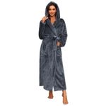 HEARTNICE Womens Long Hooded Plush Robe, Soft Thick Warm Fleece Bathrobe Full Length House Coat (Dark Grey,L/XL)