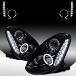 Autozensation Compatible with 2005-2006 Infiniti G35 4Dr Sedan, Left + Right Pair Headlamps Assembly, SMD LED Halo Glossy Black Smoked Projector Headlights