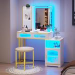 LVSOMT Vanity Desk with Mirror and Lights for Girls Gift, Small Makeup Vanity with Voice Activation & Wireless Charging, Dressing Table with Lighting Mirror for Bedroom, Children's Room (Matt White)