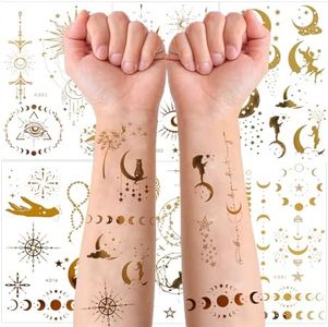 Qpout 8 Sheets Tatuajes Temporales De Oro Metálico 53Pcs Bronceador Mariposa Estrella Luna Rosa Diseño Arte Corporal Cara Tatuajes Tatuajes Temporales Realistas De Cara De Brillo Dorado Tatuajes