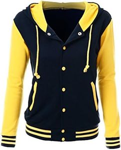 Stylish Color Contrast Long Sleeves Hoodie Varsity Jacket Navy Yellow L