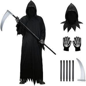 FORMIZON Costume da Mietitore per Adulto, Costume da Grim Reaper, Morte Costume di Halloween, con Cappelli, Guanti, Falci, Veste Fantasma Nero per Uomo, Abiti Mietitore Halloween Carnevale per Adulti