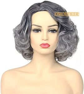 OMORFIEER Old Lady Wig Costume Granny Grey Wigs for Women Short Curly Ombre Cosplay Wig