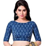 Studio Shringaar Women's Cotton Jaipuri Elbow Length Sleeve Saree Blouse (Indigo Blue_42)