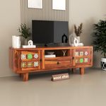 wood affair Sheesham Wood TV Unit for Living Room | Media Console Movable Tv Cabinet | Free Standing Tv Unit with 2 Door, Drawer & Shelf Storage | Sideboard Cabinet | Tiles Design, Natural Finish