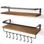 AGM Floating Shelves Wall Mounted Shelf, Wooden Wall Shelves Racking Set of 2 for Bedroom, Bathroom, Living Room, Kitchen Storage w/ 1 Towel Bar and 8 S-Hooks, Max Load 33lbs