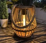 Hanging Solar Lantern Lights, Outdoor Waterproof Nature Bamboo Table Lamp for Patio with Edison Bulb Design Auto On/Off for Garden Porch Lawn Pathway Walkway Tabletop Decorative