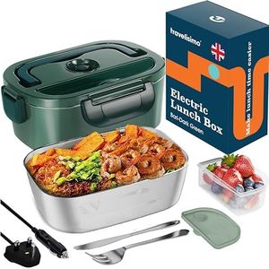 TRAVELISIMO Electric Lunch Box Food Heater 80W Heated Lunch Box 1.5L Food Warmer Container Hot Food in Car Truck & Office, 12V/24V/230V Heated Lunch Boxes for Adults, Stainless Steel Hot Lunch Box