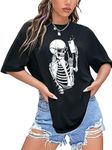 SHENHE Women's Graphic Half Sleeve Drop Shoulder Crewneck Oversized T Shirt Tops Skeleton Black L