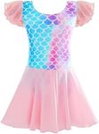 TENVDA Girls Dance Leotards with Skirts Pink Black Toddler Ballet Dress Camisole Ruffle/Short/Long Sleeve for 2-10 Years Kids, Mermaid Scale D, 6-7 Years