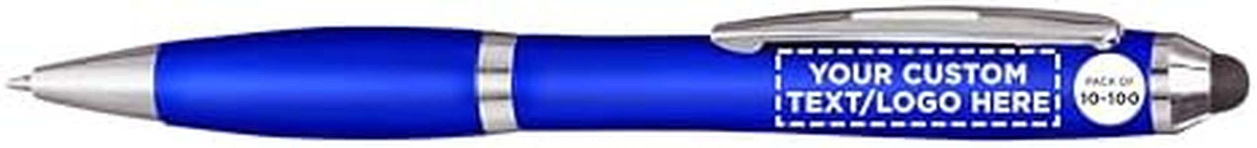DISCOUNT PROMOS Custom Plastic Stylus Pens Set of 100, Personalized Bulk Pack - Black Ink, Great for Office, School, Business, Tradeshows, Events - Blue