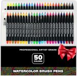 HIPPIE CRAFTER 50 Pk Watercolor Pens Artist Water Coloring Brush Tip Painting for Adults & Gifts for Artists Water Color Brush Pen Set