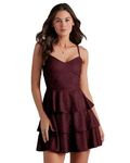 ADDYVERO V-Neck Shoulder Straps Sleeve Glam Glitter Ruffled Tiered Fit Above Knee Length Women Solid Fit and Flare Dress (Maroon, M)