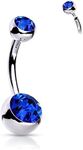 FIFTH CUE 14G Solid G23 Implant Grade Titanium INTERNALLY THREADED Double Jeweled Naval Belly Ring (BLUE - 1/2" (12mm) | 5 & 8mm Balls *Largest/Longest Size*)