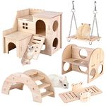 Vegena Wooden Hamster Toy Set, 5 Pcs Hamster Toys Set, Wooden Pine Guinea Pigs Toy, Including Wooden Hamster House Seesaw Bridge And Swing, Wooden Toys for Hamster Bunnies Small Pet