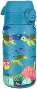 Ion8 Botella Agua Acero Inoxidable para Niños, 400ml, a Prueba de Fugas, Fácil de Abrir, Cerradura Segura, Apta para Lavavajillas, Asa de Transporte, Fácil de Limpiar, Diseño Tortuga Marina