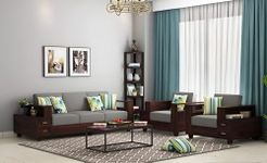 PRIYANSHU WOOD CRAFT Sheesham Wood 5 Seater Sofa Set With 2 Drawer Storage | 3+1+1 Wooden Sofa Set Furniture For Living Room Home Office (Walnut Finish)