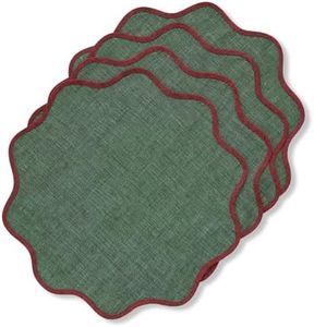 Solino Home Linen Placemats Set of 4-100% Pure Linen Red Garnet and Forest Green Round Cloth Placemats 16 Inch - Giselle Scallop Edge, Handcrafted and Machine Washable