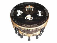 Chinese Oriental Furniture Mother of Pearl Round Coffee Table With 4 Nesting Stools and Glass Top