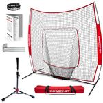 PowerNet Baseball Softball Practice Net 7x7 with Deluxe Tee (Red) | Practice Hitting, Pitching, Batting, Fielding | Portable, Backstop, Training Aid, Large Mouth, Bow Frame | Training Equipment Bundle