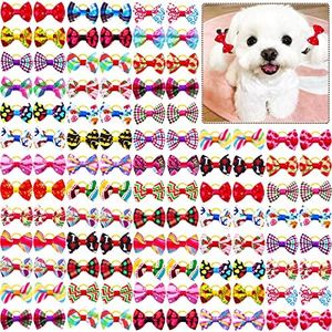 Mruq pet 100pcs Pet Dog Bows, Bulk Dog Hair Accessories Bows with Rubber Bands 1.37x0.98 inch, Handmade Yorkie Dog Hair Grooming Small Size Bows, Mix Puppy Dog Bowknot for Small Dogs Cats