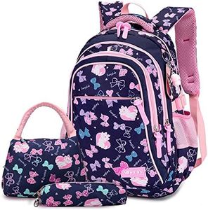 3PCS School Backpack for Girls, Kids Bookbags Set Primary Girls Students (Daypack + Lunch Bag + Pencil Case) (Navy Blue)