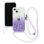 ELTIIGO for iPhone 14 Plus Strap Case with Crossbody Lanyard,Clear Glitter Shiny Bling Sparkle Shockproof Cover with Soft TPU Bumper, Adjustable Shoulder Neck String for Girls Women - Lavender