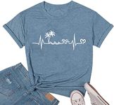 Beach Heartbeat T Shirt for Women Love Heart Graphic Tees Print Shirts Short Sleeve Casual Summer Vacation Tee Tops-Blue M