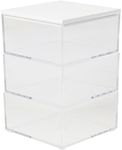 Martha Stewart Brody Plastic Storage Organizer Bins with Engineered Wood Lid for Home Office,-Kitchen, or-Bathroom, 3 Pack Small, 3.75" x 3", Clear/White