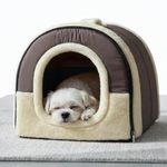 PAWSOME Igloo Dog House, Portable Cat Igloo Bed with Removable Cushion, 2 in 1 Washable Cozy Dog Igloo Bed Cat Cave, Foldable Non-Slip Warm for Pets Puppy Kitten Rabbit (Brown, L)