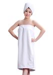 Women Wrap Towel Robe Spa Bathrobe Set Adjustable Chest Microfiber Bath Shower Cover up Dressing Gown with Dry Hat (White)