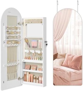 SONGMICS Wide Jewelry Organizer, LED Jewelry Cabinet Wall/Door Mounted, Arched Mirror with Storage, Lockable, Rounded Corner, Interior Mirror, Christmas Gifts,3.9 x 16.5 x 42.5 Inches, Cloud White