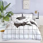 Wellboo White Grid Duvet Cover Cotton Plaid Grid Bedding Sets Queen Full Checkered Adult Women Covers Large Square Reversible Duvet Black and White Geometric Modern Lines Duvet Cover No Insert