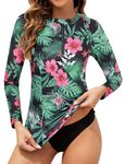 Tanst Sky Rash Guard for Women, Women's UV Swim Shirt Plus Size Quarter Zip Long Sleeve Crewneck UPF 50+ Sun Blocking Bathing Suits Ladies Quick Dry Zipper Workout Swimwear Floral Green X-Large