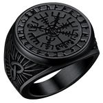 FaithHeart Black Rings for Young Boys Stainless Steel Viking Vegvisir Compass Punk Biker Ring Size O Talisman of Protection Finger Jewelry