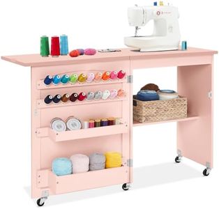 Best Choice Products Folding Sewing Table Multipurpose Craft Station & Side Desk with Compact Design, Wheels, Shelves, Storage Trays, Pegs, Magnetic Doors, Metal Doorknobs - Pink