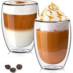 TKNO Double Walled Glass Coffee Mug Cups, Set of 2 Hollow Vacuum Sealed Cappuccino Latte Macchiato Glasses, Hand Made, Heat Resistant, Microwave Safe, 350ml Cup