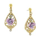 1928 Jewelry Gold Tone Lavender Porcelain Rose With Crystal Accent Filigree Drop Earrings