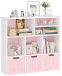 GarveeHome Toy Storage Organizer Kids Bookcase with 3 Movable Drawers Toy Storage Cabinet with Hidden Wheels Multifunctional Storage Chest for Playroom,Nursery and Bedroom, Pink