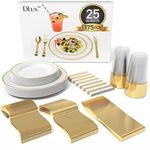 DLux 175 Pieces Gold Plastic Dinnerware Set for 25 Guests, (25 Forks, Knives, Spoons, Cups, Straws, Salad & Dinner Plates) for Wedding and Party, Reusable