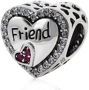 Friendship Charm 925 Sterling Silver Heart Charm Friend Charm Love Charm Flower Charm Anniversary Charm for Pandora Charm Bracelet (A)